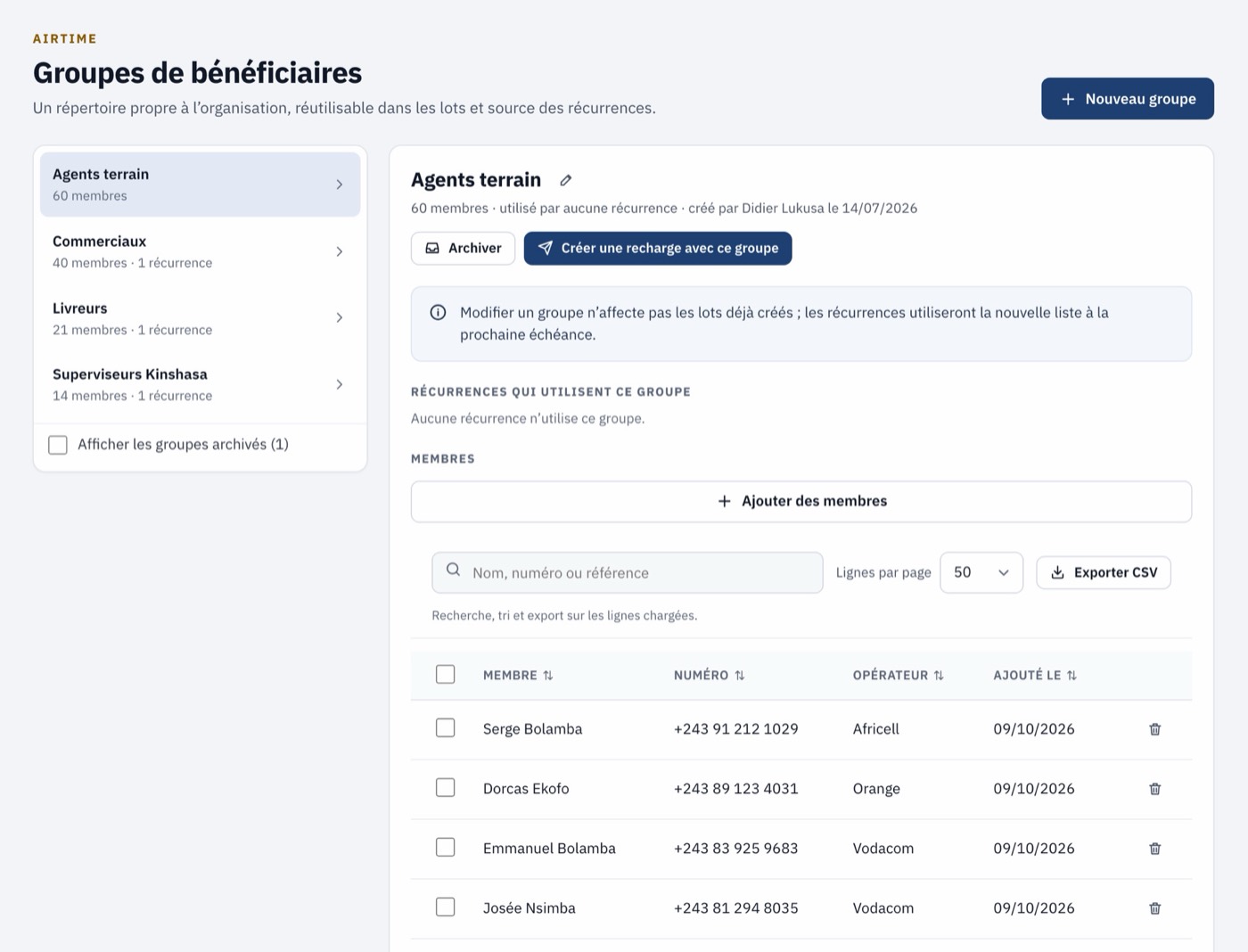 L'écran des groupes de bénéficiaires.